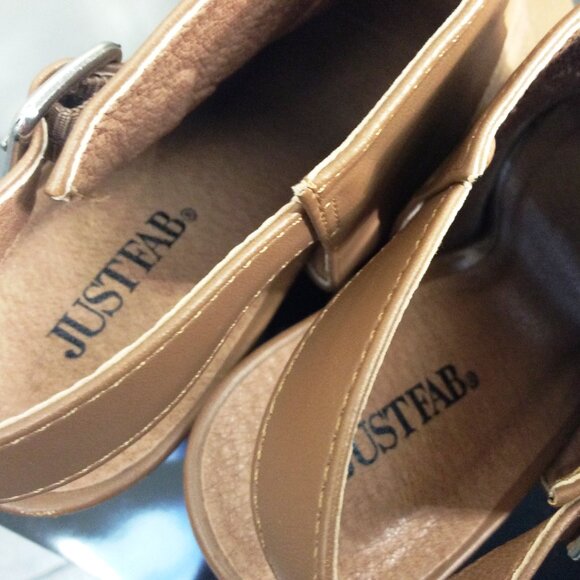 JUSTFAB Brown RELLIA Faux Leather & Textile Block Heel Bootie Sandal SZ 8 M - Picture 4 of 6